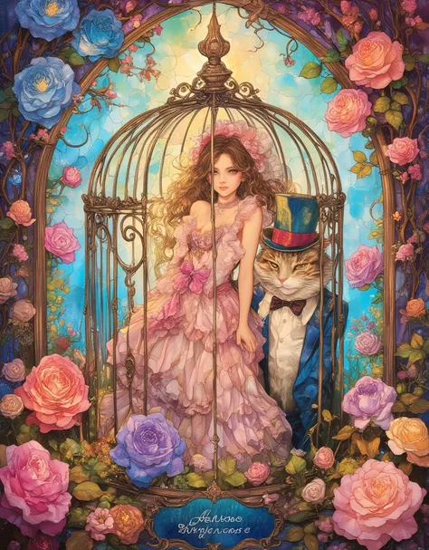 Lolita girl in a birdcage, Wearing ribbons and Lolita dresses, Colorful rose flowers, Rose vines tangled around a birdcage, Fairytale illustration. Baron the cat in a hat and tuxedo. Pastel Gradient background, "Lollipop Syndrome", mesmerizing artwork, Imp...