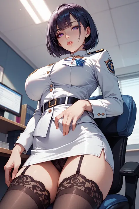 A female military officer wearing a tight blue trim white uniform with short skirt. black lace-trimmed thighhighs. short white hair with bangs. purple eyes. large breasts. in office sitting on chair looking down at viewer. anatomically correct. perfect eye...