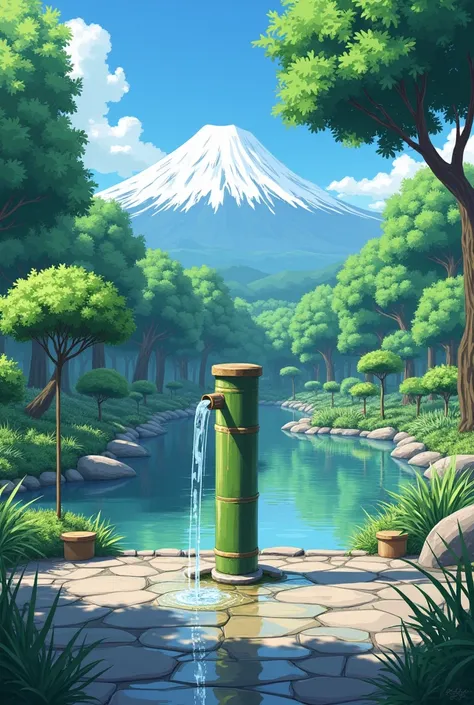 Anime scene。daytime，patio，pond，Add water，Luwei （scientific name）也叫Add water， The characteristics of these unique water features are applied to the garden to drive away birds and animals that may damage the garden。 as the bamboo tube slowly fills up with ru...