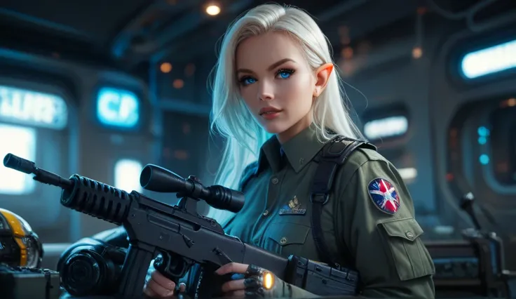 The mechanized elf girl, glow, blue eyes, military uniform, submachine gun, futuristic style, high detail, ultra quality, 8K