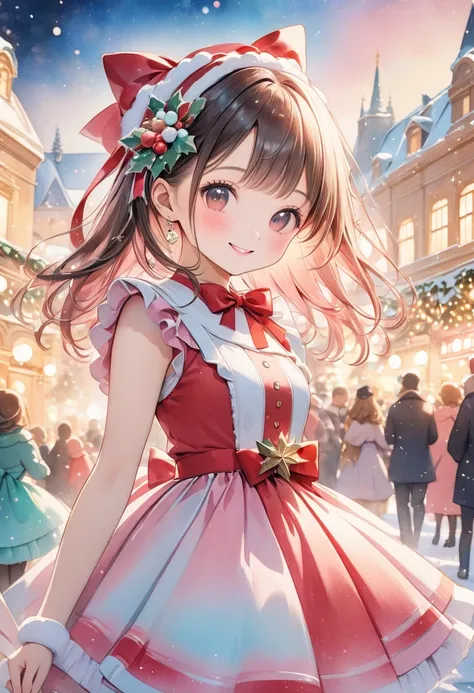 8K resolution, (masterpiece) (highest quality) Background of a Christmas party venue bustling with many people, a woman smiling in Santa Claus fashion, holding a gift with a ribbon attached, cute colors, pastel color, kawaii pastels, watercolor painting,