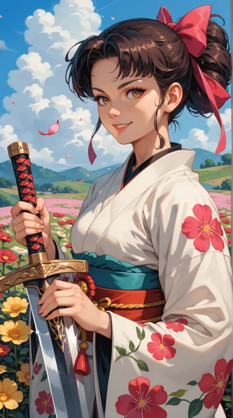  on a field with blooming flowers， Possessing charming eyes ， Confident Smile ， Wearing a traditional black flowered kimono ， Holding two swords in both hands ， Standing in full bloom A young and beautiful Japanese female martial artist ， Exuding samurai c...