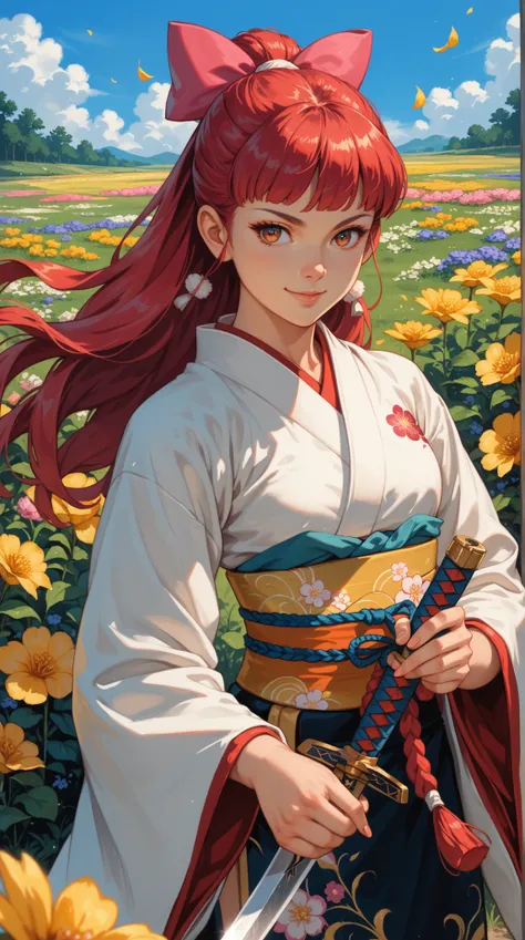  on a field with blooming flowers， Possessing charming eyes ， Confident Smile ， Wearing a traditional black flowered kimono ， Holding two swords in both hands ， Standing in full bloom A young and beautiful Japanese female martial artist ， Exuding samurai c...