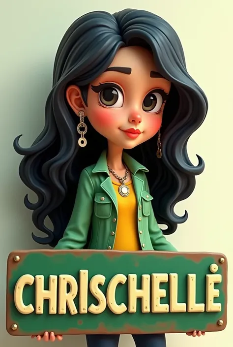 3D caricature of a girl with long black hair, key chain. High-quality realistic photo, and there is the name "CHRISCHELLE" in 3D letter style, embossed and realistic, in green yellow, indium white and black, 