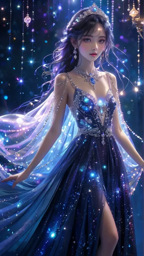 Ethereal flowing dress made of starlight and crystal, floating in deep blue cosmic night, cascading pearl chains, soft glowing orbs, magical sparkles, dreamy atmosphere --ar 9:16