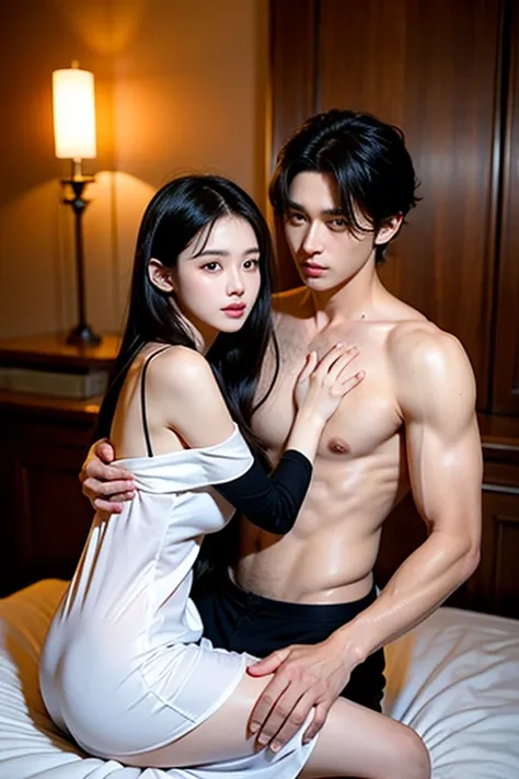 Two characters, the boy and the girl. The boy hugs the waist girl on the bed. Girl has pretty face and snow skin, big breasts, small waist, good figure, wearing nightgown, long black hair. The boy has a handsome face, fair skin, black hair, has a six-pack,...