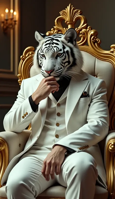 Create me a tiger with the body of a person dressed in a white suit in a luxurious palace sitting in a gold and white throne chair, ,Dont put a tail on it  , With my hand on my chin as if thinking