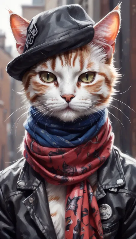  Cat painting with hat and scarf, fashion art station, punk dress ,  detailed hyperrealistic rendering , British gang members, street style, intimidating pose, Planet of the Cats, fashionable clothes, urban samurai, Miau, West Slavic characteristics, 8 1 5