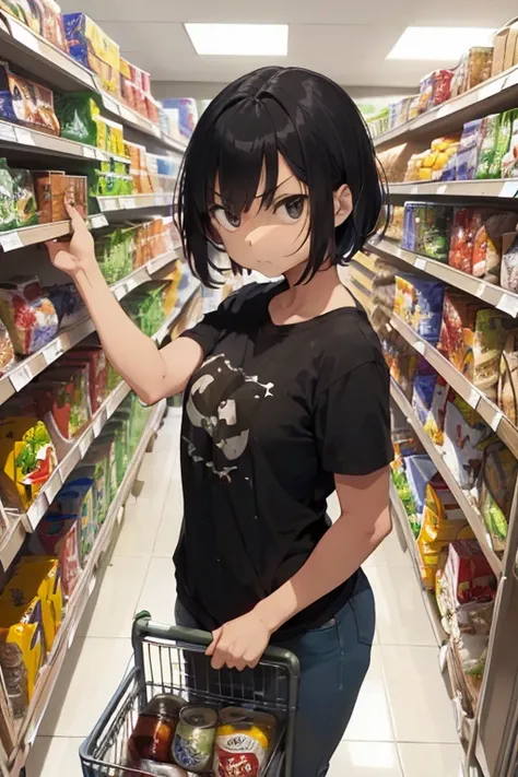 ( character!: Women,  small height ,  sexy and plump body , pelo negro corto) (Scenery:  Supermarket, corridor with shelves .) (pose:  tries to grab a can of food that is at the top of the shelf.  Frustrated and angry face .)