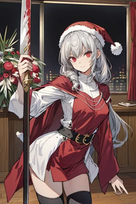 (1girl, silver hair, long hair, evil red eyes, crazy eyes, crazy smile:1.5, ), (santa clothes, santa hat, black tights, santa boots), (((holding ominous japanese sword ))), ((battlescene,slashilg,killing the mafia,blood splash)), (indoor, party room, chris...