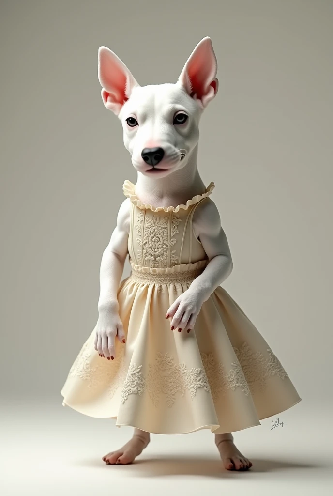 Miniature Bull Terrier white male in dress like human