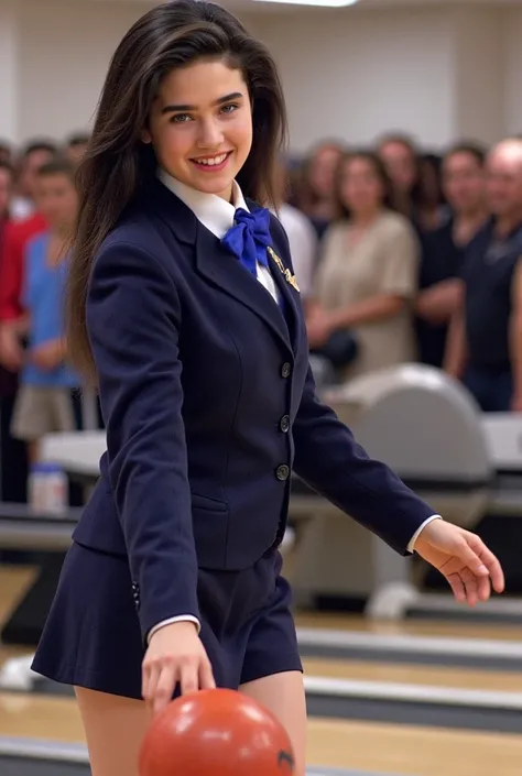 (masterpiece, best quality:1.2), from the side, her beautiful profile, a beautiful girl, (Jennifer Connelly at age 16), whole body photo, she is enjoying bowling game., she is just throwing a bowl, a dynamic photo, she wears in a dark blue school uniform a...