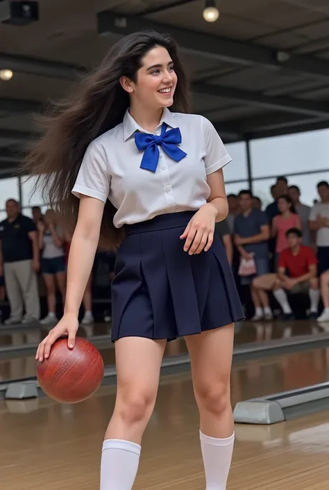 (masterpiece, best quality:1.2), from the side, her beautiful profile, a beautiful girl, (Jennifer Connelly at age 16), whole body photo, she is enjoying bowling game., she is just throwing a bowl, a dynamic photo, she wears in a dark blue school uniform a...