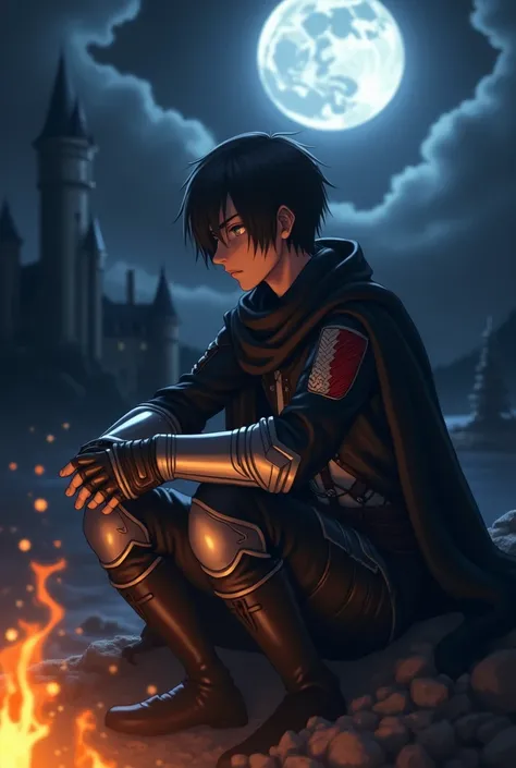 Attack on titan , Anime , Short black swept by air , eren jeager , yellow eyes ,at night , 29 year old man , muscular, sitting alone under full moon , high resolution 4k , eye details , calm campfire ,castle behind , eren jeagar , black armor plate medieva...