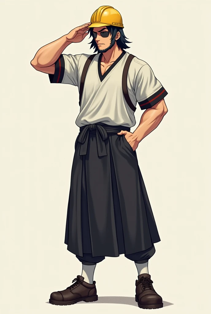 Japanese 2D anime style 、male、Age 30、samurai、Eye patch on one eye、hakama、Put on a jersey、Black hair is slightly visible from the safety helmet、 Work Site Beards 、 Salute Shoes Are Footwear 、 Muscular, Slender, and Tall