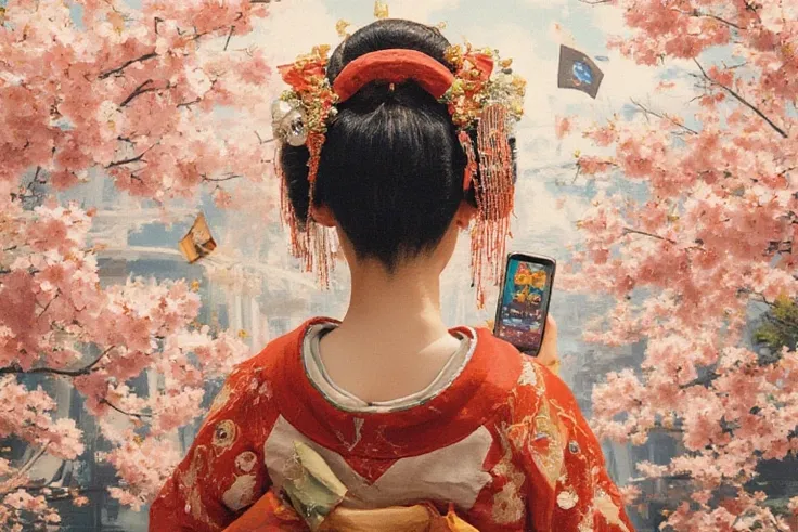 oil、Maiko、cherry blossoms、Japanese style、 back view、Modern and fusion(Smartphones, etc., digital)