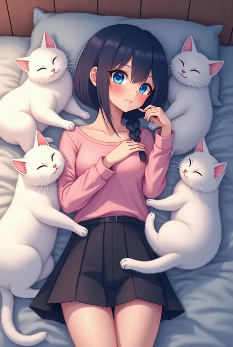 A beautiful girl on bed, many white cats on bed, blue eyes of cat, girl wear a pink top and black school skirt. 4k ultra, realistic and highly effective. 