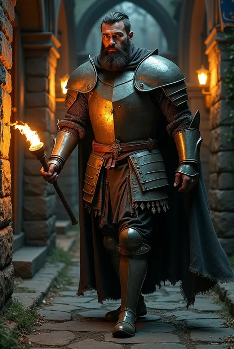 A sturdy gentleman ,  with rusty and worn armor ,  he walks through the dark corridors of an old castle . The armor,  full of marks and stains of rust ,  glows slightly under the warm light of a torch he holds in his hand.  His face is serious and curious ...