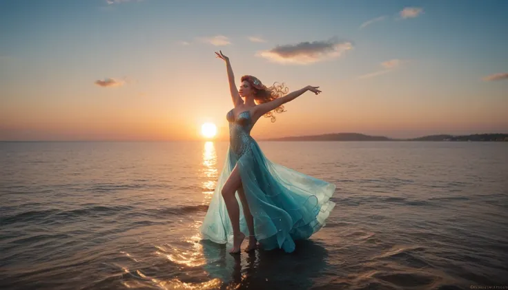  stunningly beautiful woman dancing gracefully on the surface of a serene ocean at sunset. Her flowing dress resembles ocean waves, shimmering in shades of blue, turquoise, and silver. The scene is illuminated by golden sunlight reflecting on the water, cr...