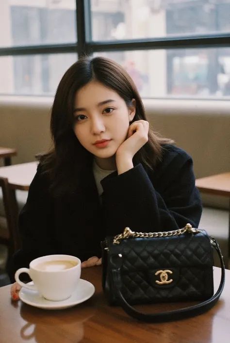 A women wearing a black coat, sitting in a cafe.
The girl has a natural, gentle expression
Next to it is a Chanel handbag placed on the table.
The cafe has soft lighting, natural light from the windows creates a warm feeling.
The background is blurred (bok...