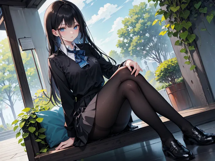  Long straight black hair , School Uniform,    blue eyes， Black Leather Shoes ，  black pleated skirt  ,   black pantyhose ,  Black Leather Shoes ,   sitting on the sofa  ，Lean Back ， Stunning posture  ,  spread his legs , Healthy lower body skin , Outdoor ...