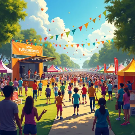 A vibrant scene showcasing an outdoor event and activity day, designed to create awareness and engagement. The event takes place in a spacious park with colorful tents, banners, and signage prominently displaying the event name and theme. People of all age...