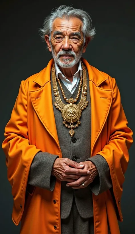 Overwatch character style merchant image， wears a gold necklace and lots of jewelry on the body， The color of the clothes changes to a bright color ，The hair turns gray ， left hand droop naturally，Right hand fingers naturally ，Just leave a picture of one p...