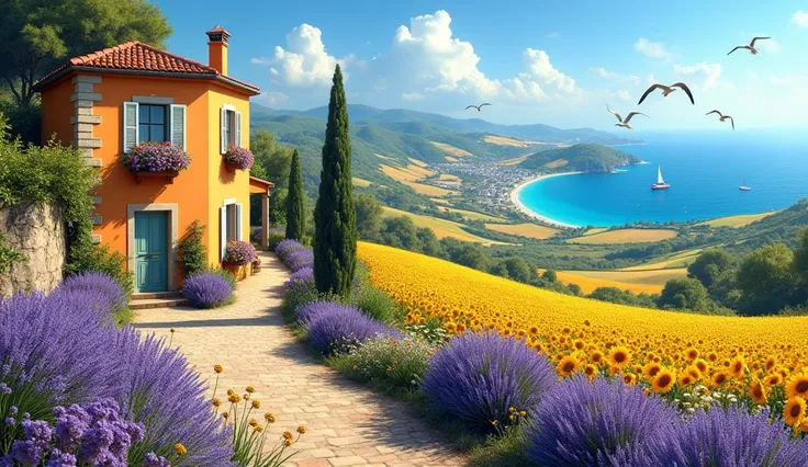 Photo dune magnifique petite maison provençale colorée remplie de belles fleurs sur les fenêtres, et ensoleillée, au milieu dune magnifique et immense vallée, au milieu dun champs de Lavandes et tournesol et coquelicots, avec la mer à côté et un magnifique...