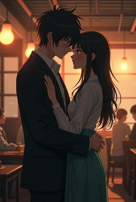 Super tall japanese couple hugging in the cafe far from the camera, mid length hair guy wrapping around hands to each other 