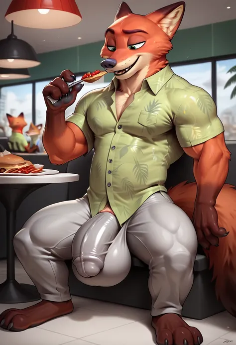 Zootopia, nick wilde, red fox, gay, extremely muscular , weight 900kg, eating a lot of stakes, too heavy to walk, wearing light green aloha shirt, wearing light gray pants, sitting on a chair, restaurant, extremely big belly muscle, extremely big chest mus...