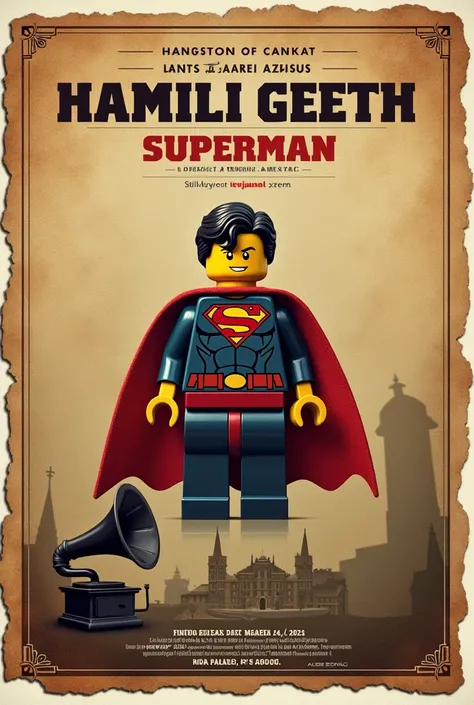 Superman aHere’s a detailed description of the image you provided, in bullet points:

- The image has a vintage theme and appears to be a poster.
- Background: Parchment-like paper with torn edges.
- Top Text: Written in Malayalam, translating to “The stor...