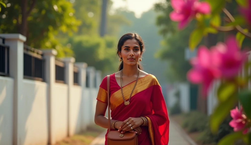 A mid-shot of a South Indian woman walking gracefully on a quaint residential street, dressed in a traditional red saree with a golden border that drapes elegantly around her. Her neatly tied-back hair accentuates her poised demeanor, while she carries a s...