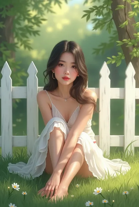 A woman is sitting in front of a cute white nature