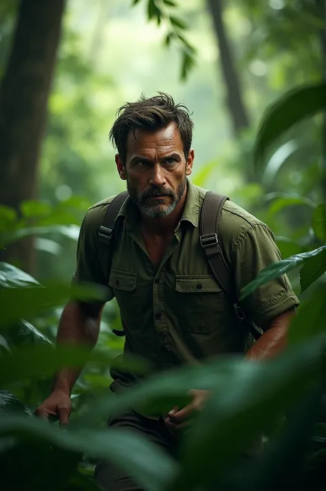 A man walking and hearing in jungle,front face