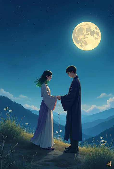  The description of the picture is as follows ：
 A pair of men and women standing at the top of the mountain ， The night sky is full of hope ，Across the Galaxy ，Moonlight shone on the two， The scene is quiet and warm 。

 female character ：
Medium length ha...