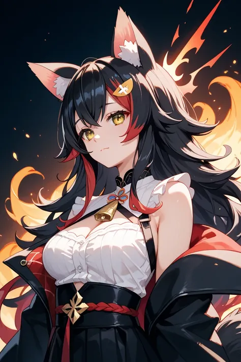 masterpiece, best quality, ultra detailed. 1girl, solo., {{{{ookami mio}}}}, hololive, black hair, long hair, yellow eyes, black wolf ears, sidelocks, closed mouth, medium breasts,  animal tail,  corrupted