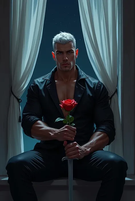 4  Mens) ( 4 garotos no quarto))garotos  bonitos ,strongers,  Imposing Mans,Tight black clothing. pointy ears. Short undercut military silver hair , silver short sword in your hand, oone red rose other hand Bara enormous Chest tiddies d. blue eyes. Latin s...