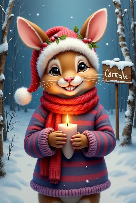 A delightful winter-themed acrylic painting depicting a cute and happy Konijn dressed as a cheerful Santa. The adorable subject wears a red Santa hat decorated
with Tannenzapfen and berries, as well as a purple and red striped pullover. It holds a cozy Chr...