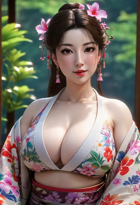 pale skin brunette  girl /(kimono/), show perfect cleavage, breasts p-cup size, ((gigantomastia)), (((Perfect gigantic cleavage breasts, Perfect round breasts:1.6))), sfw natural Large Breasts, detailed breasts, (Best anatomy figure), beautiful detailed ey...