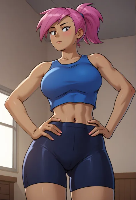 score_9, score_8_up, score_7_up, score_9,4k, HD, 8k, highres, antialiasing, detailed, texture, perspective, cinematic lighting,  enidSDXL, 1girl, solo, ponytail, short hair, large breasts,  blue tanktop, navel, cowboy shot,  pink hair, hair, dark skin, sho...