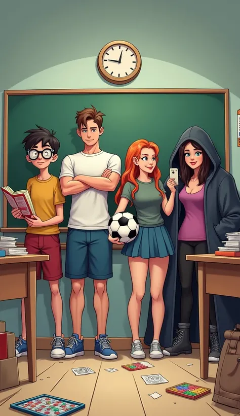  A funny cartoon of four teenagers in a detention room.  A nerd with huge glasses and books in his hand ,  a muscular athlete holding a soccer ball ,  a popular girl with a giant cell phone taking selfies ,  and a shy girl hiding behind a huge coat . The s...