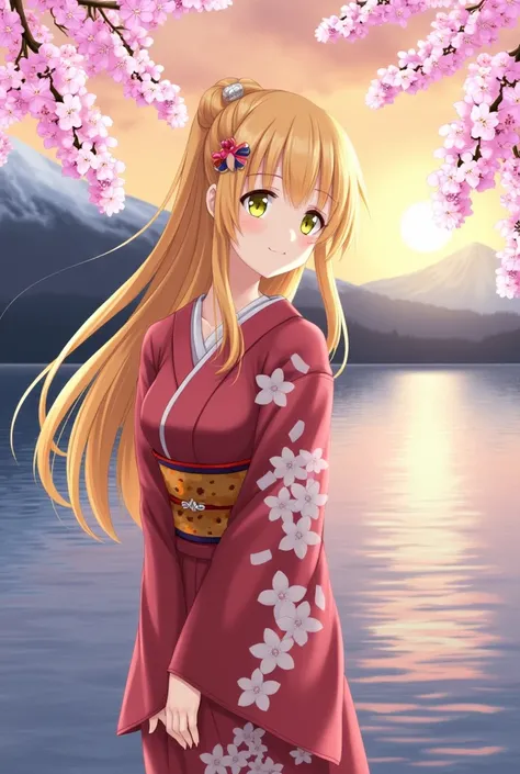 asuna,  masterpiece,  better quality,  Detailed , (1 girl), Alone,  Detailed  golden eyes,  long hair, Standing, near the viewer, ( Detailed  kimono), Sonrisa ligera,  medium breasts,  ( arms behind the back ), Water, sunset, ( hair ornament), (Sakura blos...