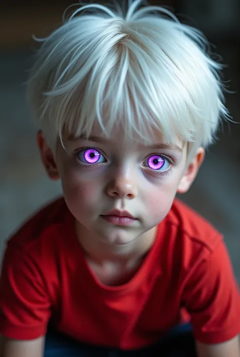 Very handsome boy with shiny purple eyes, short shiny white hair, red clothes, red T-shirt and black pants