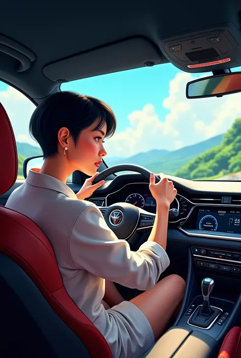 A short hair girl driving car 