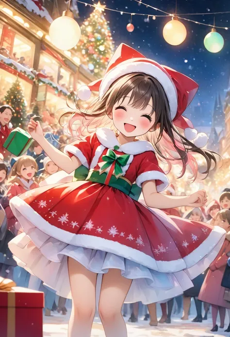  8K resolution 、( highest image quality taken by Ki)Neon at night、 The background of a crowded Christmas party venue、Laughing woman wearing Santa Claus costume、Grab a big present with a ribbon on it 、Cute colors、 pastel colors that eliminate shine、可愛い past...