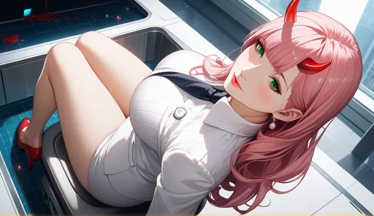  masterpiece ,   high quality ,    best quality, official art,     beautiful and aesthetic    , anime,   A girl, zero two,  extremamente detailed , colorful, mais detailed ((ultradetailed)), (    highly detailed CG illustration), Alone, pink hair, pair of ...