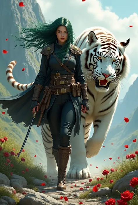 A 30-year-old woman with dark long green hair ,with white skin ,thick eyebrows,full lips,medium nose,wearing a black soldier jacket,wearing black trousers and brown boots,Carrying a bow and arrow , ,walking with a very high and big Giant white tiger Who we...