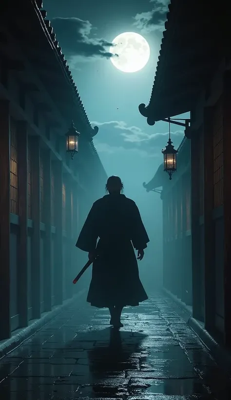 An atmospheric scene of Hanzō with a small beard, stealthily infiltrating a feudal lords castle during the night. The dimly lit interior shows wooden beams and paper screens, with moonlight filtering through, casting dramatic shadows as he evades patrollin...