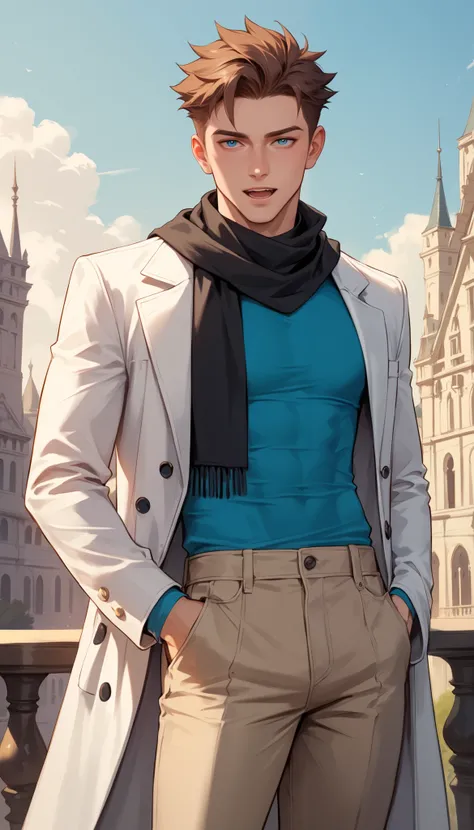 Izayoi Seishin artstyle, (score_9, score_8_up, score_7_up), (best quality, masterpiece),perfect anatomy,(aesthetic,very aesthetic),official style, (ultra-high resolution), 1boy, spiky brown hair, white long lab coat with black buttons, blue t-shirt, black ...