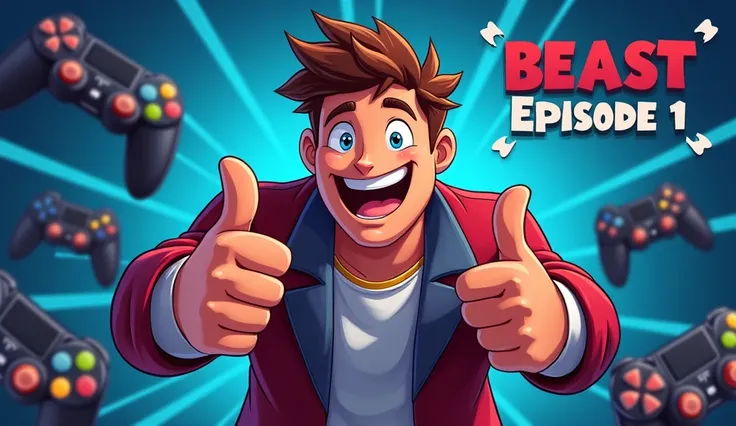 So the thumbnail needs to feature MrBeast and convey excitement for the new "Beast" game on Amazon Prime. Heres an idea: 
MrBeast with a huge smile, giving a thumbs up, surrounded by gaming controllers, Amazon Prime logos, and bold texts "Beast Game: Episo...